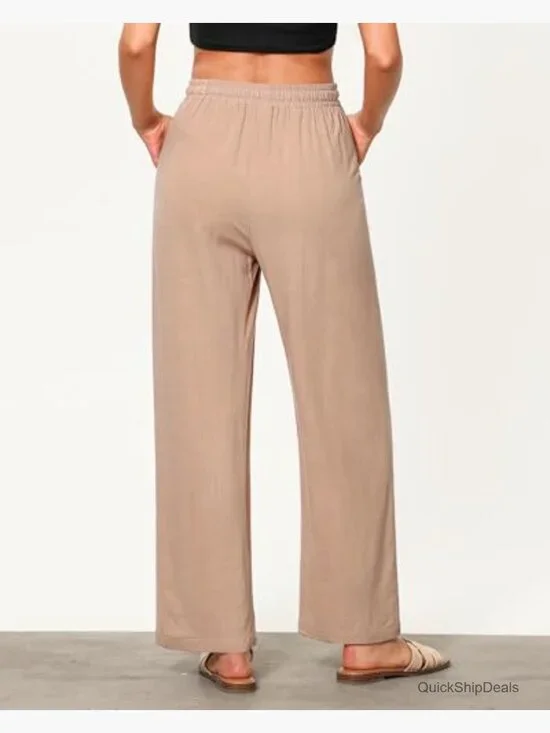 Linen Wide Leg Pants High Waisted Drawstring Elastic Waist Palazzo Trousers - Picture 2 of 7
